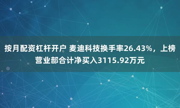 按月配资杠杆开户 麦迪科技换手率26.43%，上榜营业部合计净买入3115.92万元